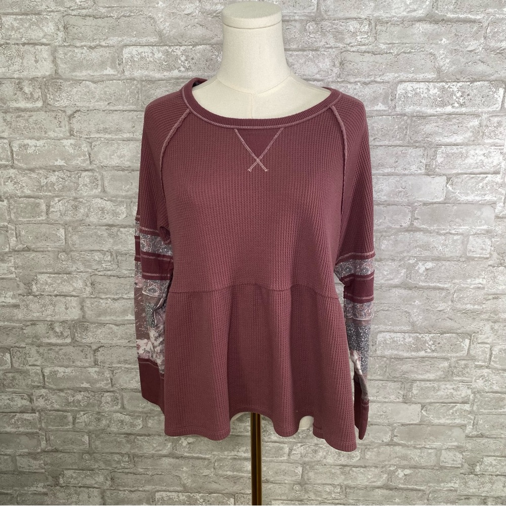 Rewind Dusty Rose Patchwork waffle knit long sleeve shirt size XL bohemian artsy